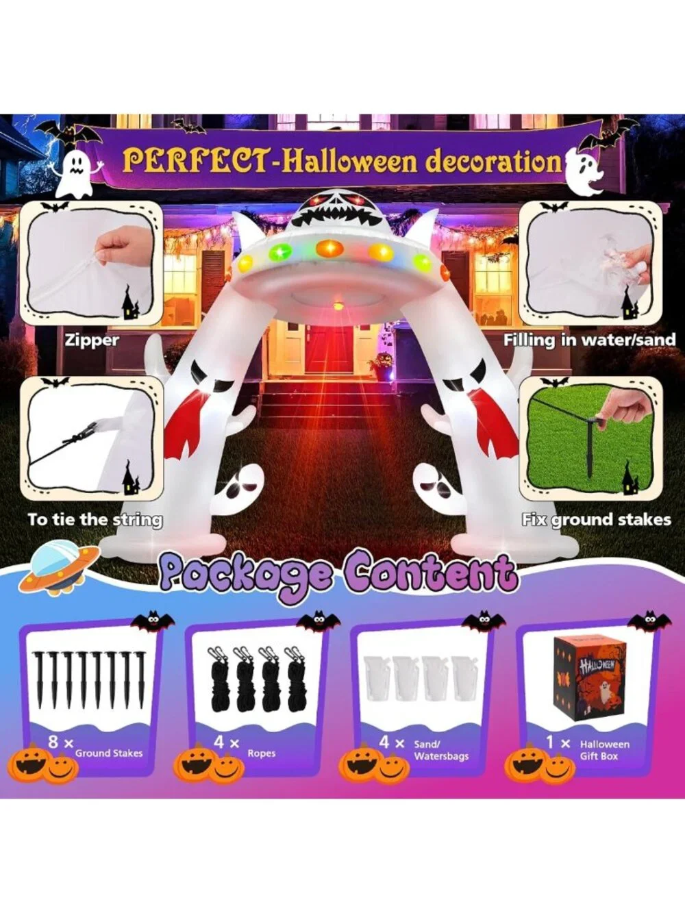 11 ft Halloween Inflatable Archway with Ghosts & UFO - Light-Up Yard Decor